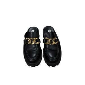 Steve Madden Slip In Platform Black Loafers with Gold Buckle - Size 7
